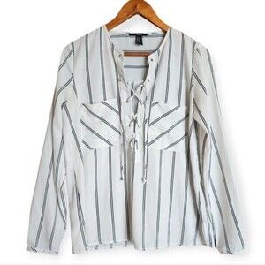 Forever 21 White & Black Striped Lace up Longsleeve Blouse Size Small Oversized